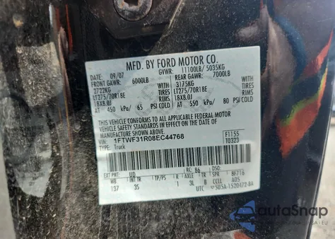 2008 Ford F350 Srw Super Duty z USA, uszkodzony, nr VIN 1FTWF31R08EC44768